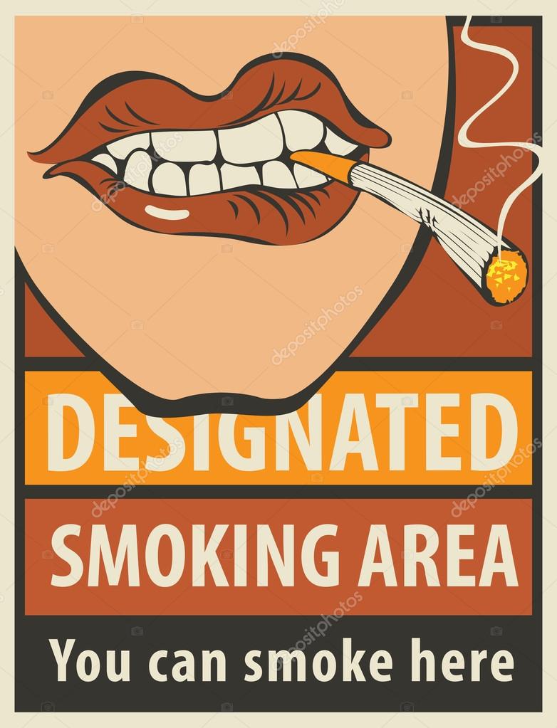 Signboard designated smoking area with a pattern of human lips and lit cigarette