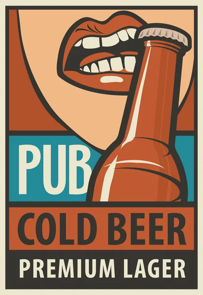 Bouche ouvre une bouteille de bière avec ses dents — Image vectorielle