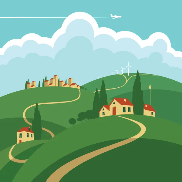 Paisaje con colinas, caminos y asentamientos — Vector de stock