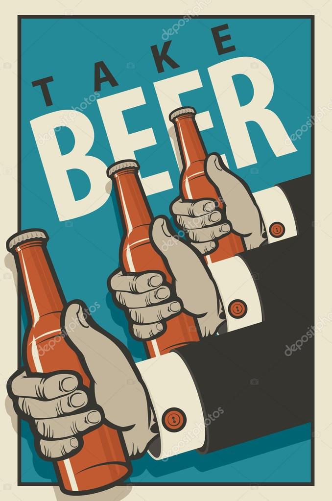 Three hands with bottles of beer in a retro style on a blue background