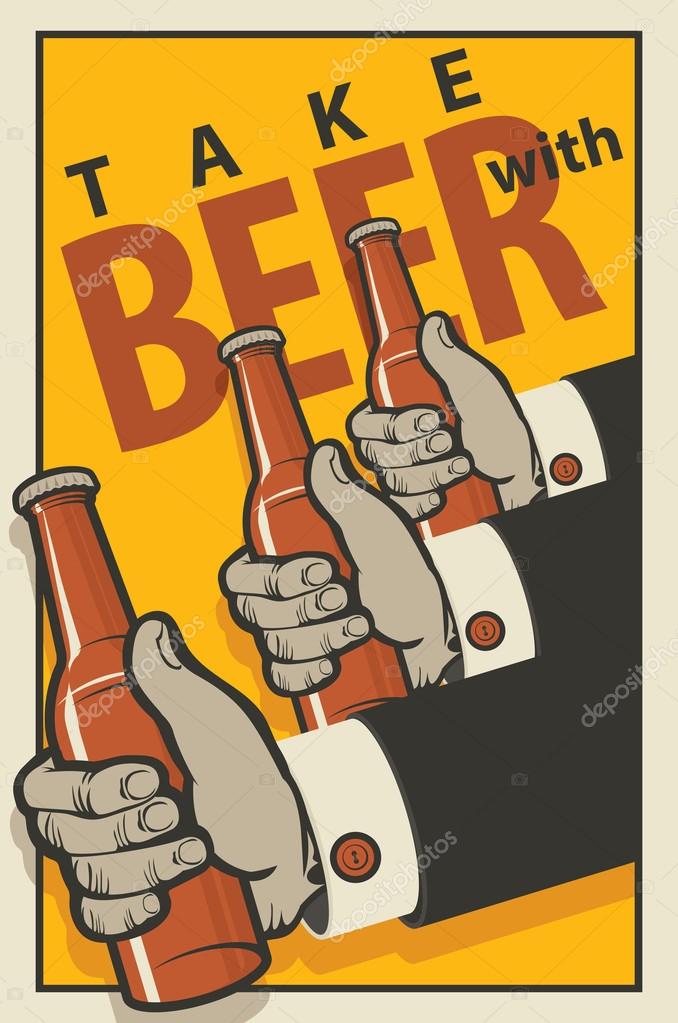 Three hands with bottles of beer in a retro style on a yellow background