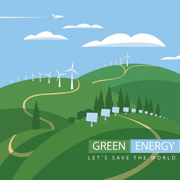 Energia verde, turbinas eólicas e painéis solares — Vetor de Stock