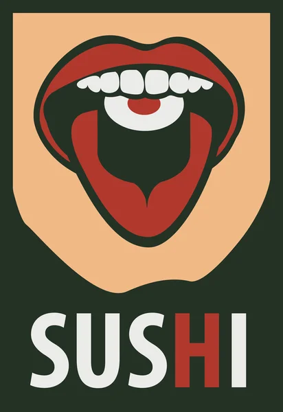 Boca humana comer sushi — Vetor de Stock