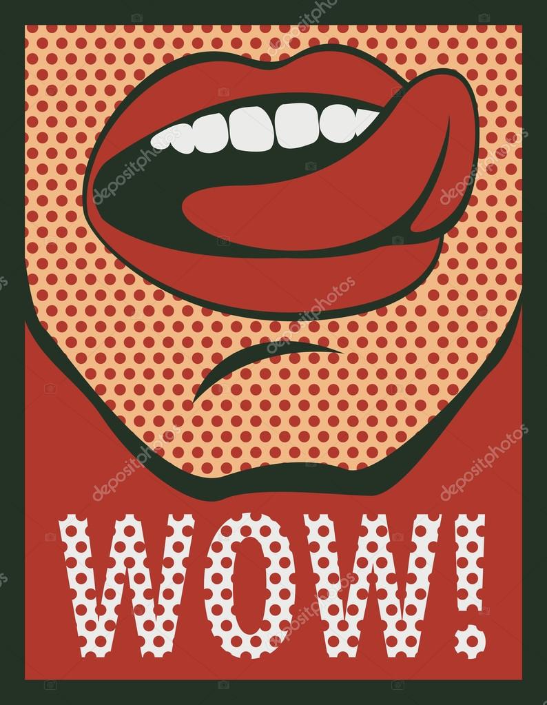 Vector drawing of the Women mouth with his tongue hanging out screaming wow