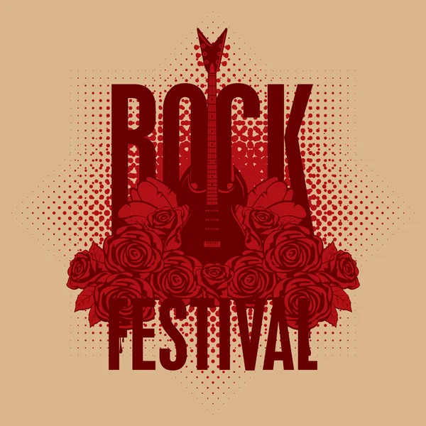 Guitarra entre flores rosas e festival de Rock — Vetor de Stock