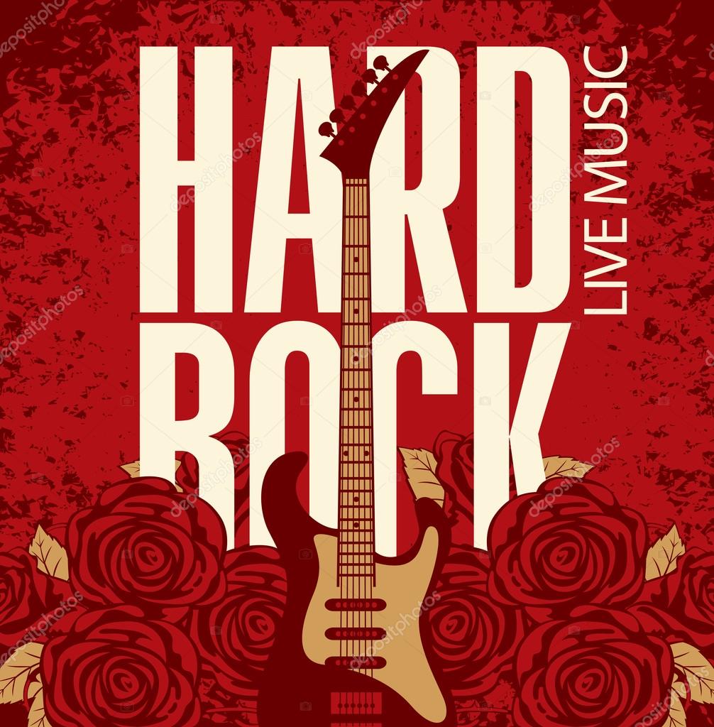 Banner with an electric guitar among flowers roses and the words Hard Rock