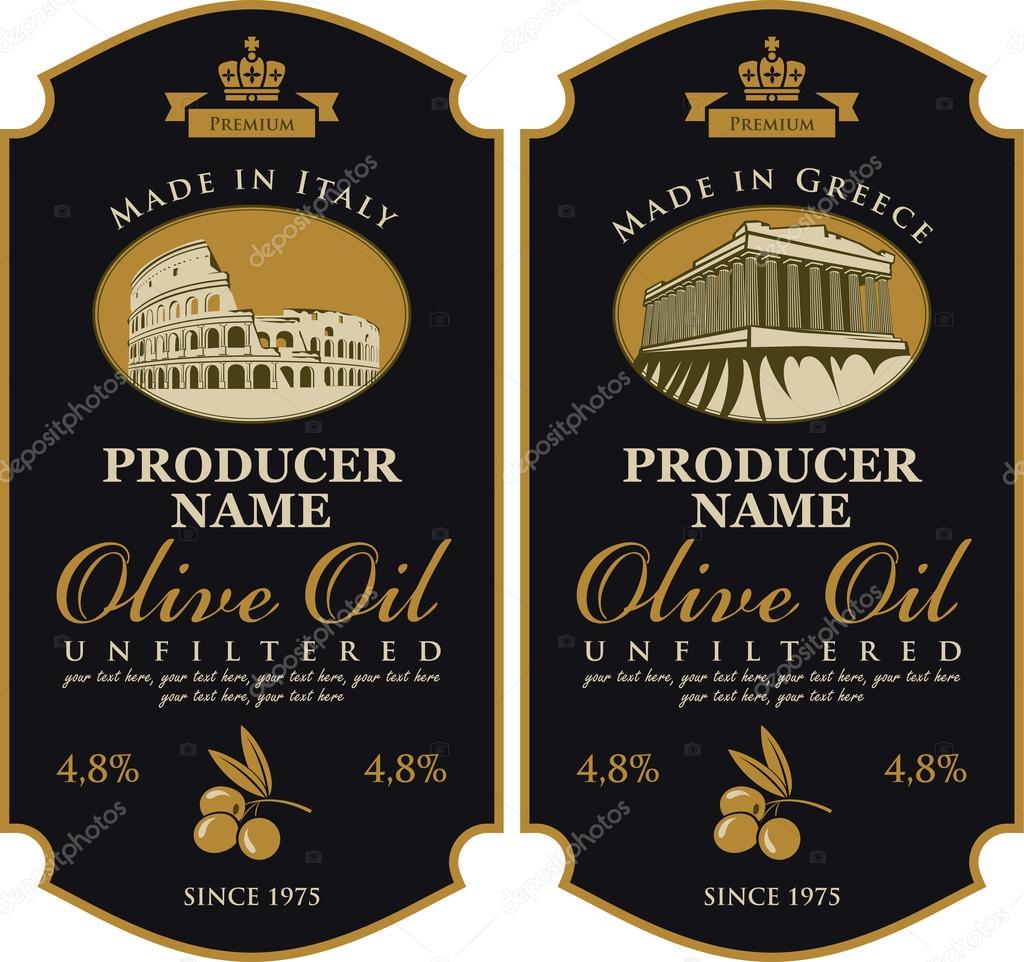 Label for olive oil Made in Italy and Greece with the image of Colosseum and Parthenon