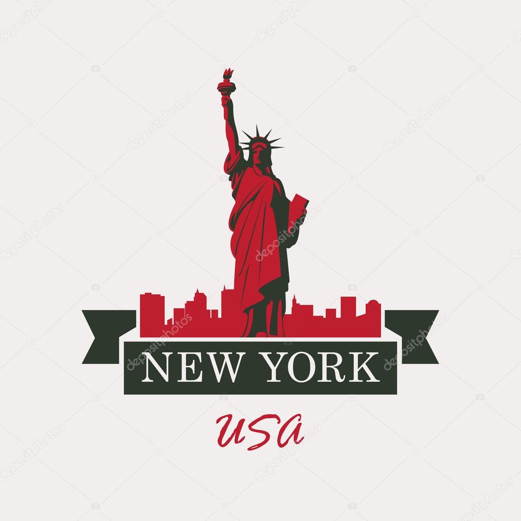 Banner with statue of Liberty in background of New York in flag