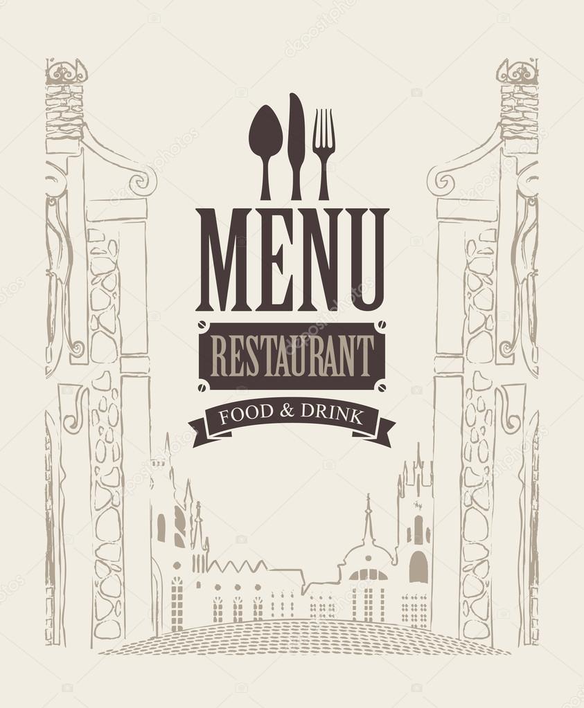 Cover menu for cafe or restaurant with drawing house in old town