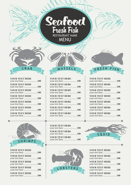Menu avec liste de prix pour un restaurant de fruits de mer — Image vectorielle