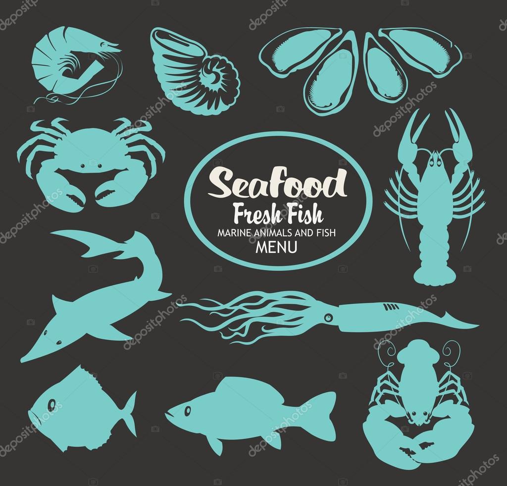 Set of vector drawing animals on the theme of seafood