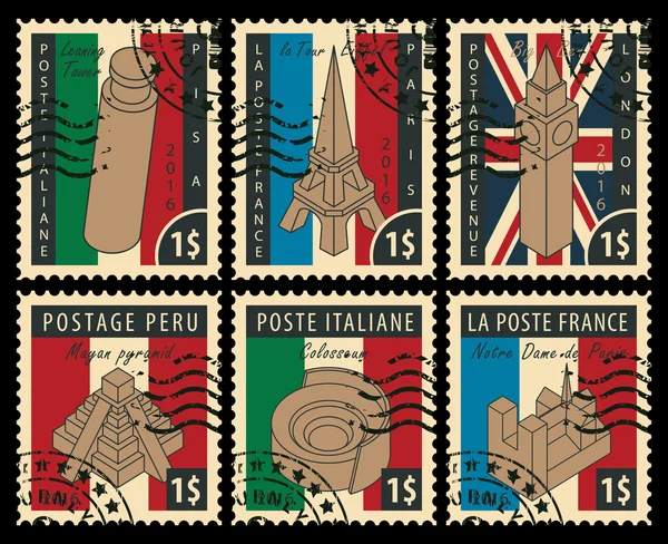 Набор почтовых марок с архитектурными памятниками — стоковый вектор