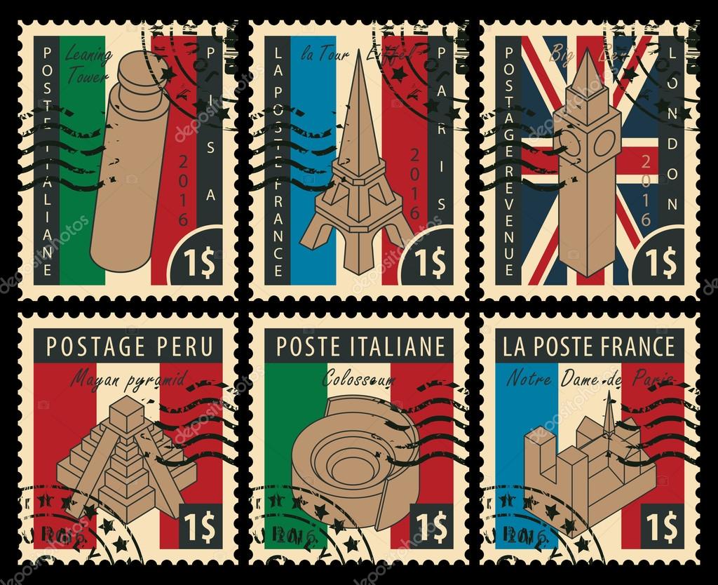 Set of postal stamps with architectural landmarks from different countries