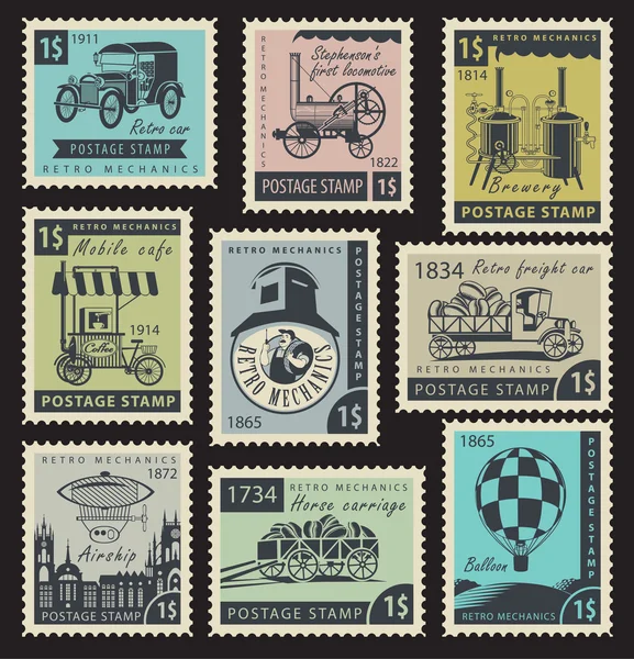 邮票上的复古的力学 — 图库矢量图片