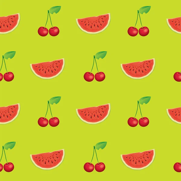 Seamless Pattern Juicy Watermelon Slices Ripe Cherries Summer Vector Background — Stock Vector