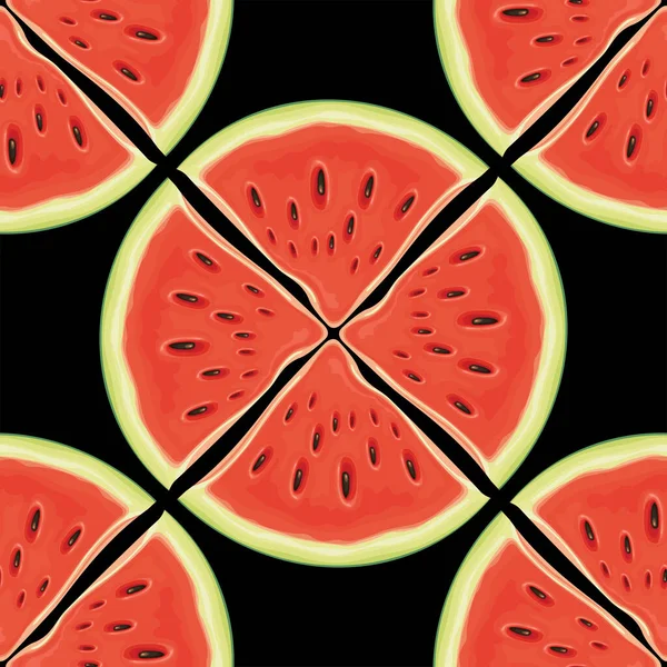 Ovocný Hladký Vzor Červenými Sladkými Plátky Melounu Černém Pozadí Vektorové — Stockový vektor