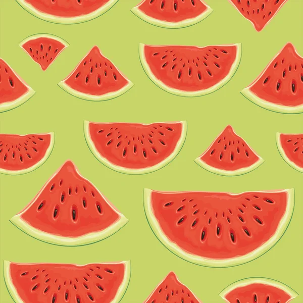 Fruit seamless pattern with appetizing slices of a red sweet watermelon on a light green backdrop. Vector background with the ripe juicy watermelon, suitable for wallpaper, wrapping paper, textile