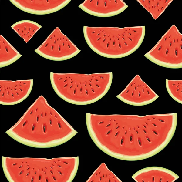 Fruit seamless pattern with appetizing slices of a red sweet watermelon on a black backdrop. Vector background with the ripe juicy watermelon, suitable for wallpaper, wrapping paper, fabric