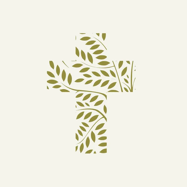 Concept Une Croix Chrétienne Ornée Feuilles Branches Sur Fond Clair — Image vectorielle