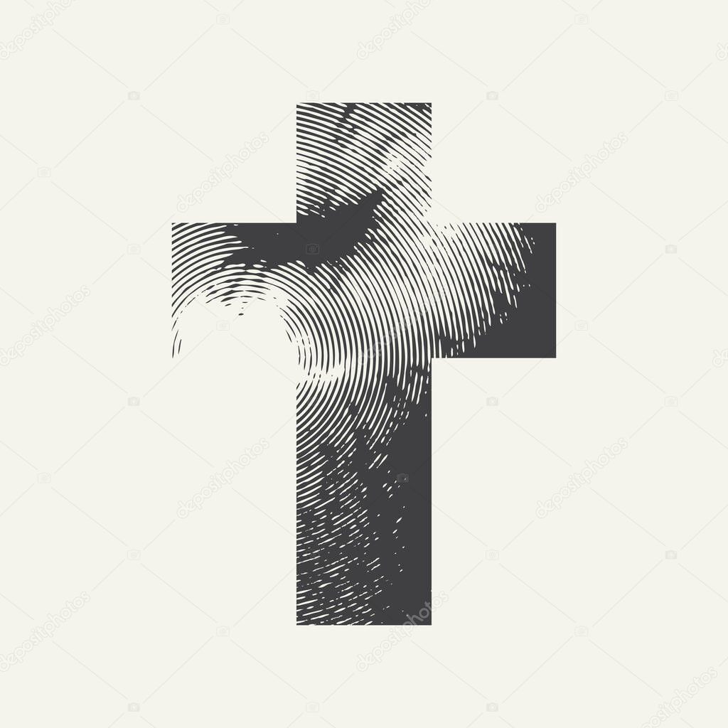Abstract dark cross isolated on a light background. Monochrome textured Christian cross sign in grunge style. Creative vector banner or illustration on the religious theme