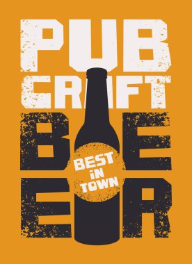 Banner for a pub with the best craft beer in town. Vector illustration with inscriptions and beer bottle on an orange background in a grunge style clipart