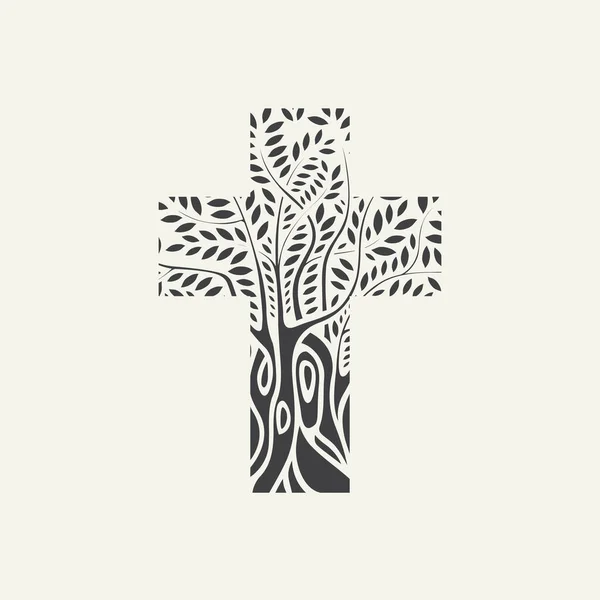 Flat Design Black Christian Cross Form Tree Light Background Decorative — Stock Vector