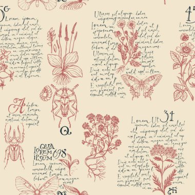 El yazısı Lorem Ipsum, şifalı bitkiler ve böceklerle kusursuz desen. Elle çizilmiş otlar, kelebekler, eski bir kağıtta böcekler. Duvar kağıdı, ambalaj kağıdı, tekstil.