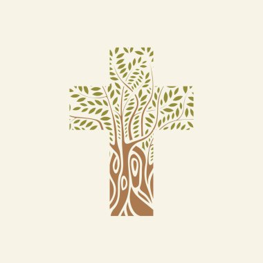 Işık arka planında bir ağaç şeklinde bir Hristiyan haçı kavramı. Haç şeklinde dekoratif ağaç. Vektör illüstrasyonu, dini işaret, simge, logo, amblem, tasarım ögesi.