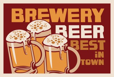 Bira fabrikası için dekoratif pankart ve şehrin en iyi birası. Yazıtlarla ve köpüklü biralarla dolu vektör illüstrasyonuName