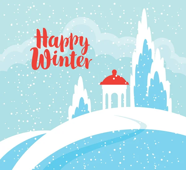 Snowy Winter Landscape Gazebo Snow Covered Hill Vector Illustration Blue — Stock Vector