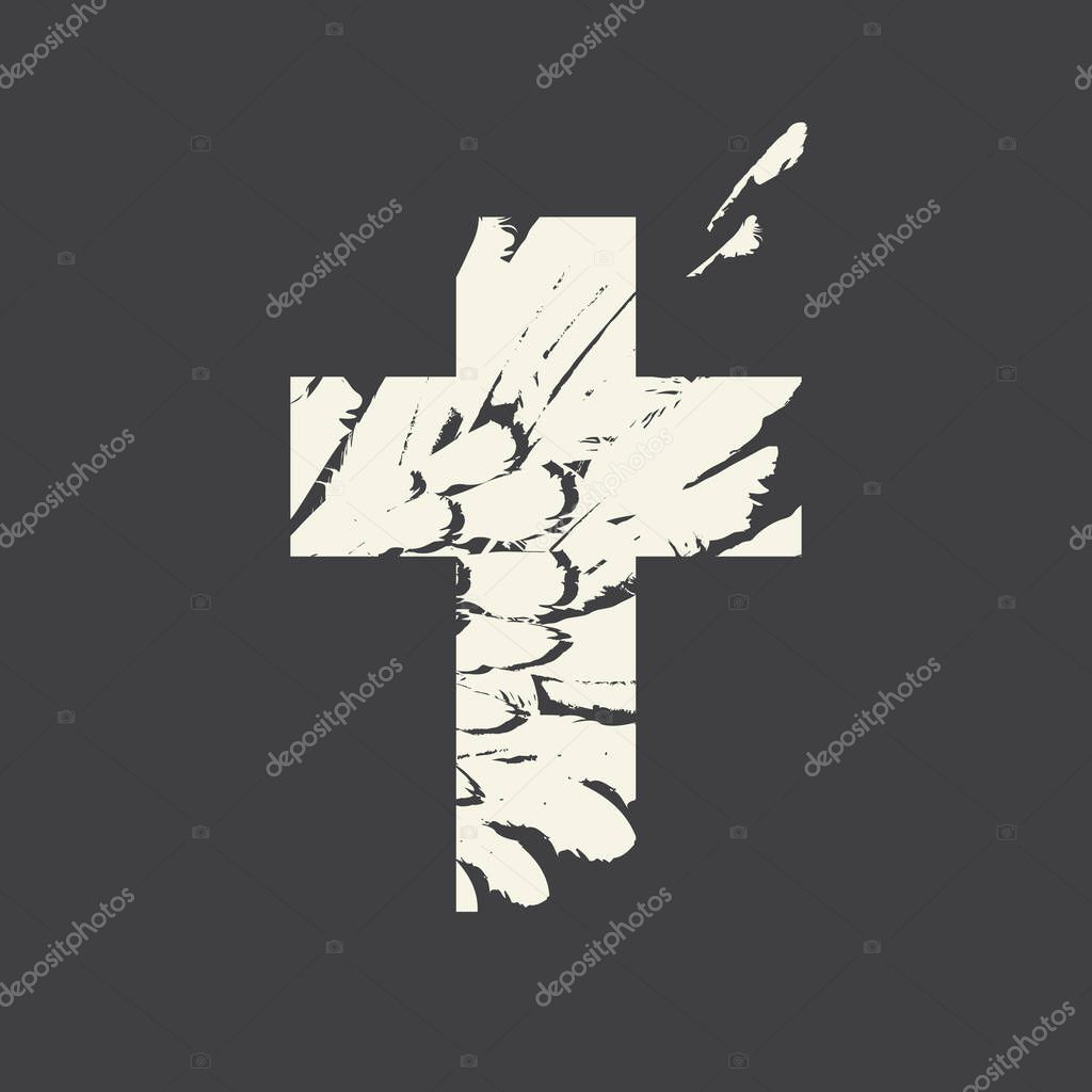 Sign of the Christian cross with feathers inside on a dark background. Creative vector illustration, religious symbol, icon, logo, emblem, design element, print, tattoo, t-shirt design.