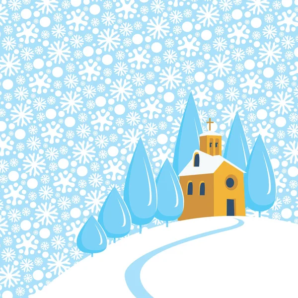 Sneeuwzeker Winterlandschap Spandoek Met Dorpskerk Besneeuwde Heuvel Vector Illustratie Winter — Stockvector