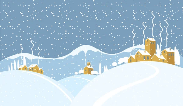 Paisaje Nevado Invierno Con Una Pequeña Iglesia Del Pueblo Casas — Vector de stock