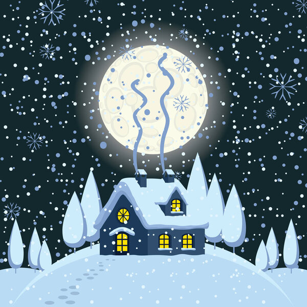 Night winter landscape or banner with village house on the snow-covered hill and footprints in the snow. Vector winter illustration in cartoon style. Cute cozy gingerbread house