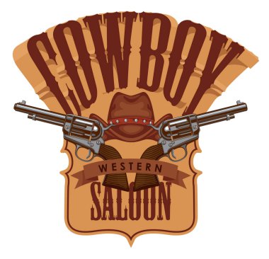 Kovboy Western Salonu 'nun retro tarzı afişi. Kovboy şapkalı dekoratif vektör çizimi, iki eski tabanca ve harf. Logo, etiket, işaret, tişört tasarımı, dövme, simge, broşür için uygun