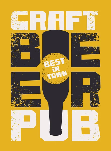 町で最高のクラフトビールとパブのためのバナー 碑文と黄色の背景にグランジスタイルの反転ビールボトルとベクトルイラスト — ストックベクタ