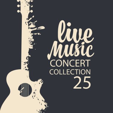 Soyut gitarlı ve siyah arkaplanda grunge tarzında harfleri olan canlı bir müzik konseri posteri. Vektör afişi, el ilanı, davetiye, reklam, kapak, bilet için uygun
