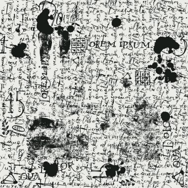 Siyah el yazısıyla okunaksız Lorem Ipsum, eski kâğıt arkaplanda lekeler ve parmak izleri olan soyut, pürüzsüz bir kalıp. Eski vektör yineleyici arkaplan, duvar kağıdı, ambalaj kağıdı, kumaş