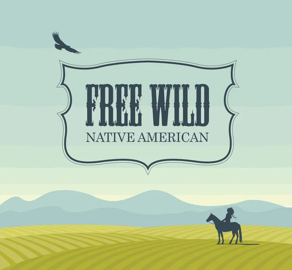 Özgür Vahşi Amerikan Yerlileri Temalı Vektör Pankartı Yeşil Tarlalı Dekoratif — Stok Vektör