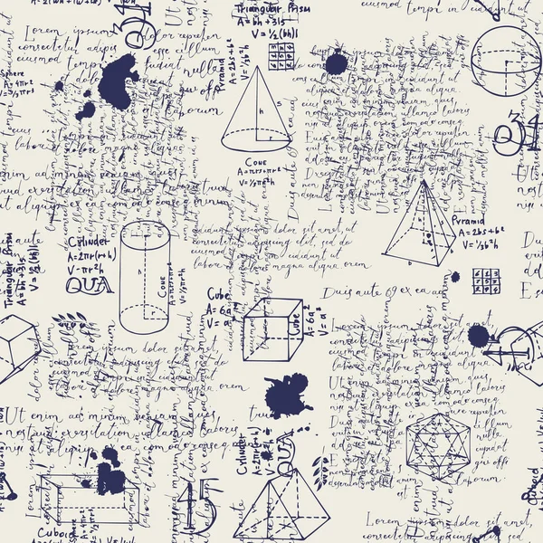 オーバーレイ手書きのロレム イプサムテキストと手描きの幾何学的図形を持つ抽象的なシームレスなパターン古い紙の背景に ダイアリーノートのスケッチや下書きのスタイルのベクトル背景 — ストックベクタ
