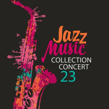 Parlak soyut saksafonlu ve siyah arkaplanlı bir caz müzik konseri posteri. Vektör ilanı, davetiye, afiş, kapak, reklam için uygun