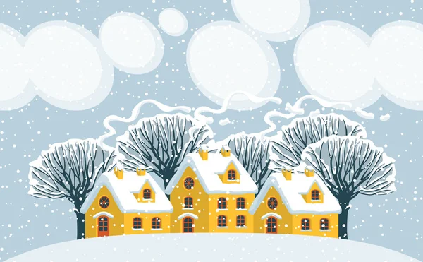 Winter Landscape Snowy Trees Clouds Sky Cute Yellow Houses Snow — Stock Vector