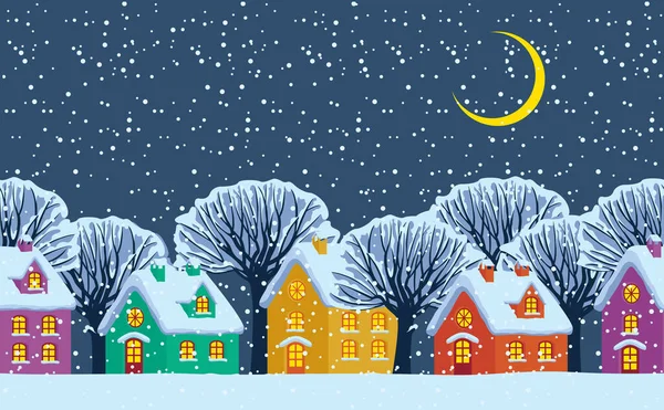 Horizontaal Naadloos Patroon Nachtelijk Winterlandschap Met Schattige Gekleurde Huizen Besneeuwde — Stockvector