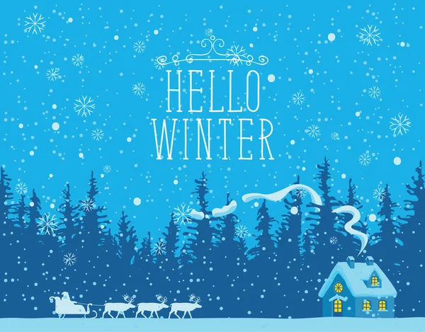 そりでサンタクロースと冬の夜の風景 トナカイのチームと松の森の中の小さな家 言葉でベクトルバナーこんにちは冬 クリスマスや新年明けましておめでとうございます — ストックベクタ