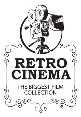 Retro sinema afişi ve eski bir film kamerası. Retro sinema, en büyük film koleksiyonu. Vektör posteri, afiş, web sayfası, broşür, davetiye, etiket, tasarım ögesi için uygundur