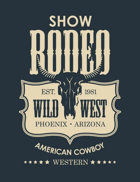 Баннер Шоу Cowboy Rodeo Стиле Ретро Монохромная Векторная Иллюстрация Черепом — стоковый вектор