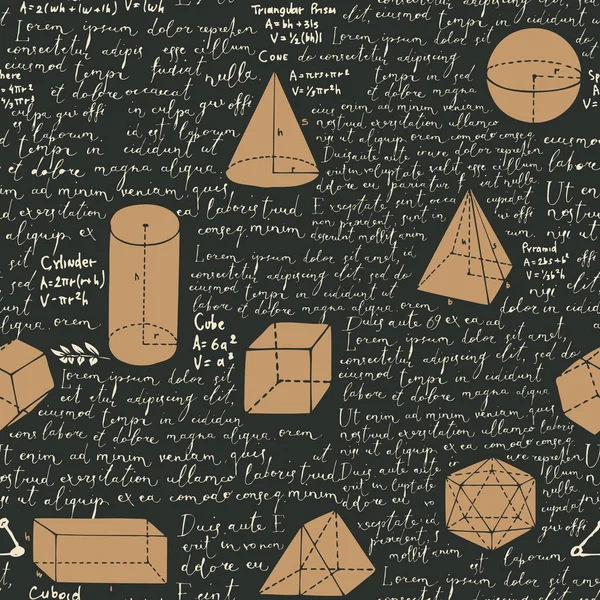 手書きのテキストで抽象的なシームレスなパターン黒色の背景にロレム イプサムと手描きの幾何学的図形 チョークボード上のチョーク図面のスタイルのベクトル繰り返しの背景 — ストックベクタ
