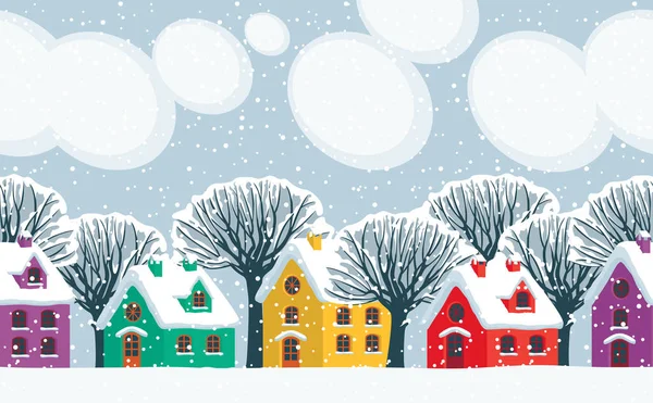 Horizontal Seamless Pattern Repeatable Winter Landscape Cute Colored Houses Snowy — Stock Vector