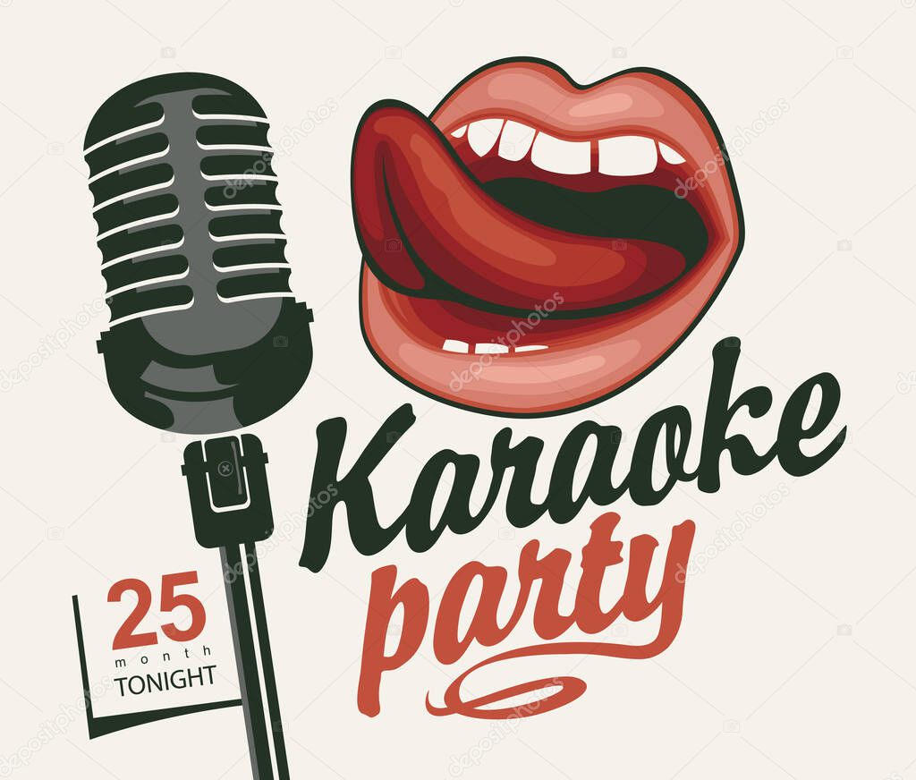 Vector music poster for karaoke party with a calligraphic inscription, a microphone and a mouth that sings on a light background in retro style. Suitable for banner, flyer, invitation