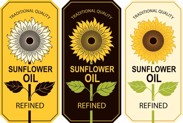 Набір Трьох Етикеток Вишуканої Соняшникової Олії Великою Квіткою Соняшнику Фігурній — стоковий вектор